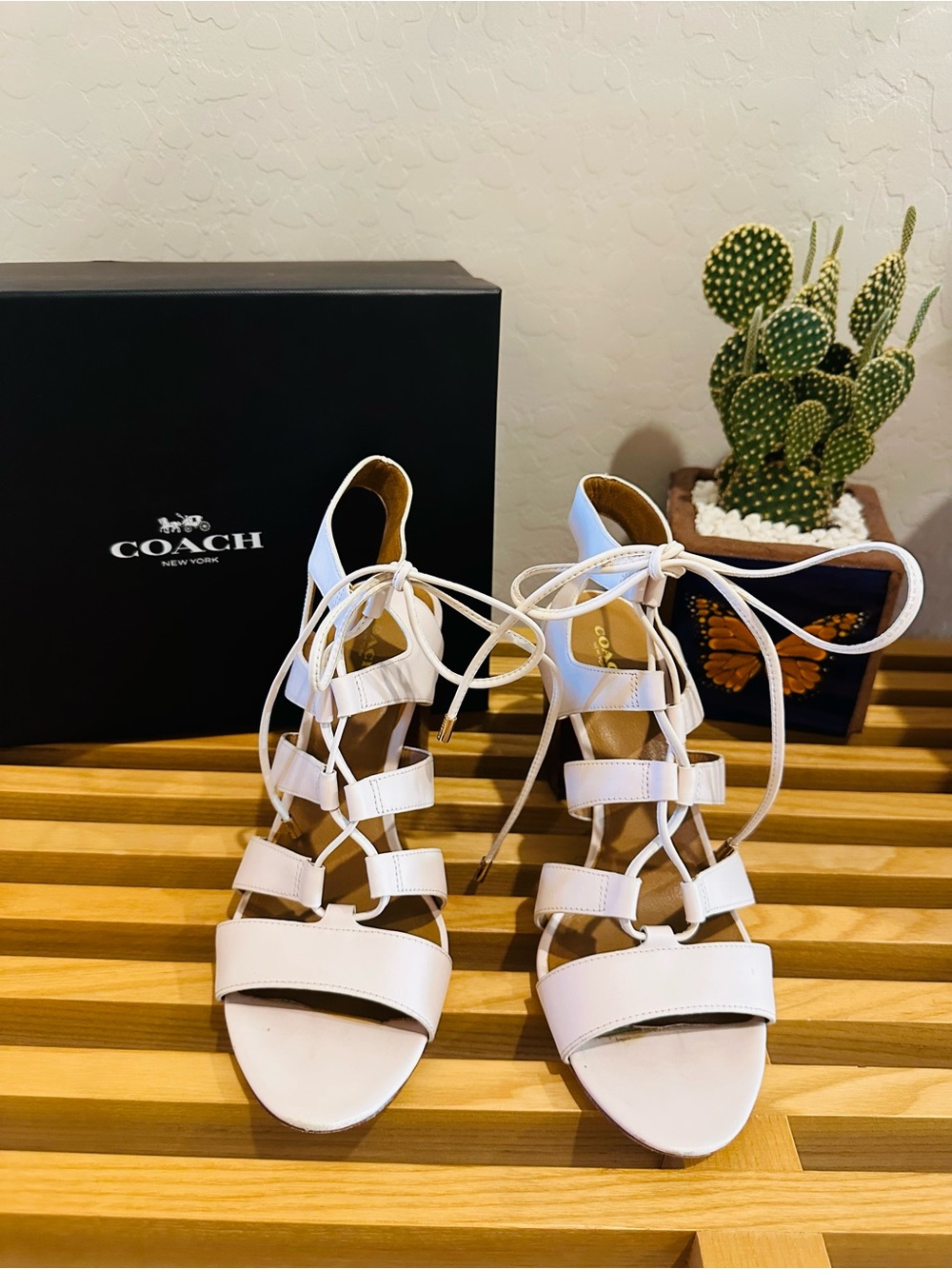 COACH White Strappy Lace-Up Heels